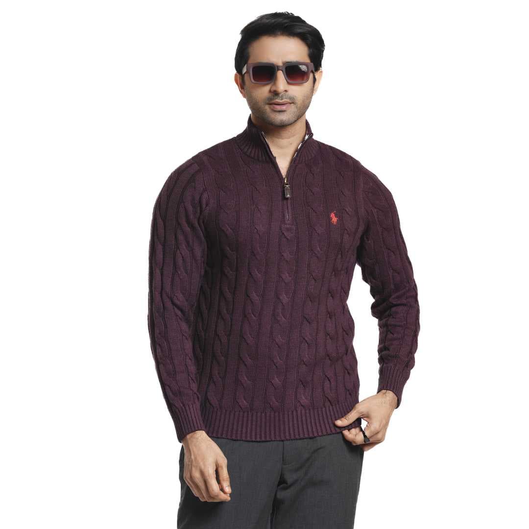 RL Half Zipper Cable Sweater- Burgundy