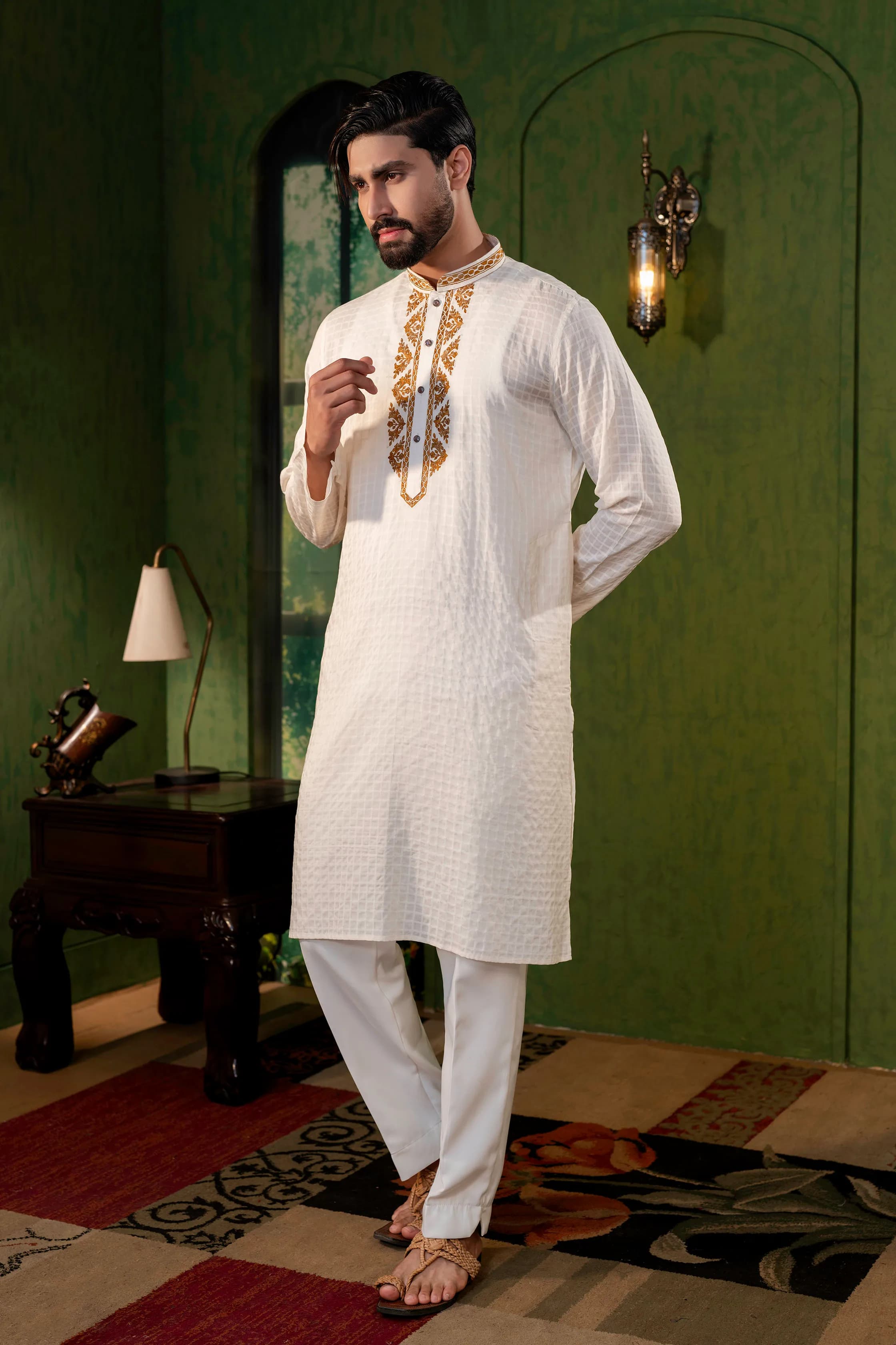 Ivory Hand-Stitched Cotton Panjabi