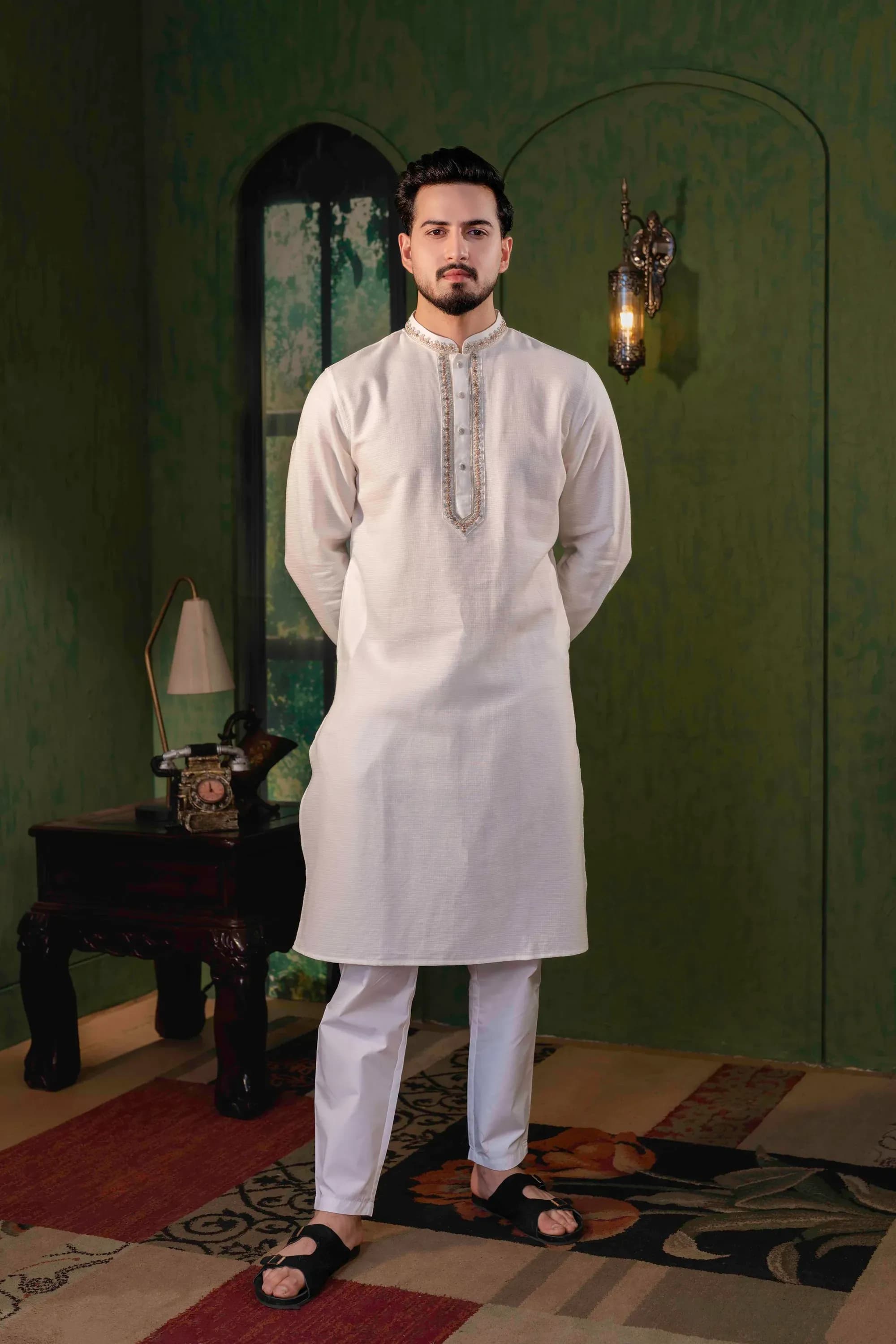 Ivory Zardosi Embellished Cotton Panjabi